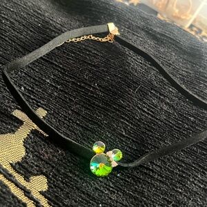 Elegant Black Choker Necklace with Green Crystal Pendant